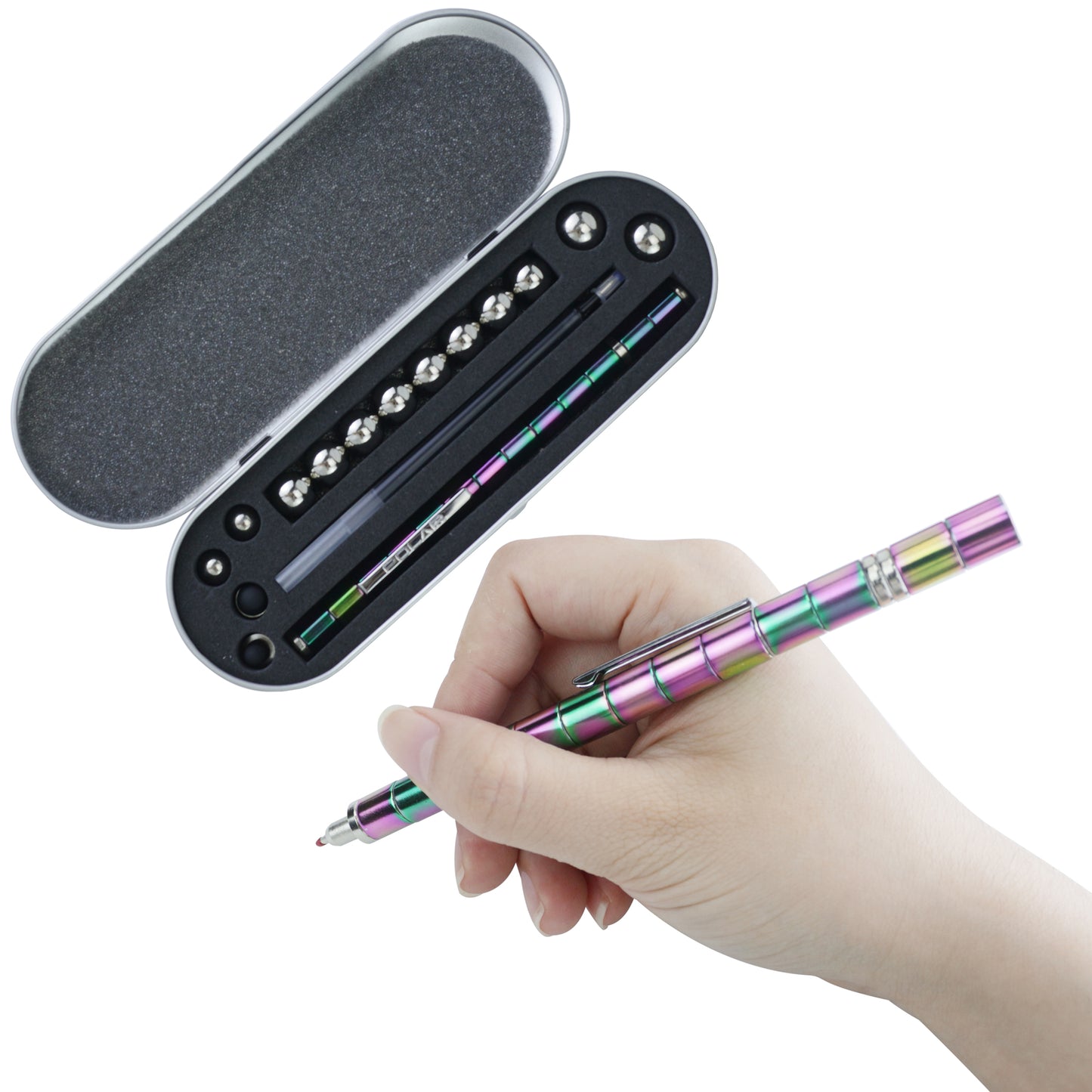 2 Pack Toy Pen, Magnetic Fidget Pen, Multifunctional Ballpoint Pen, Traveling Tin Case, Extra Magnets, and Extra Ink Cartridges Included!