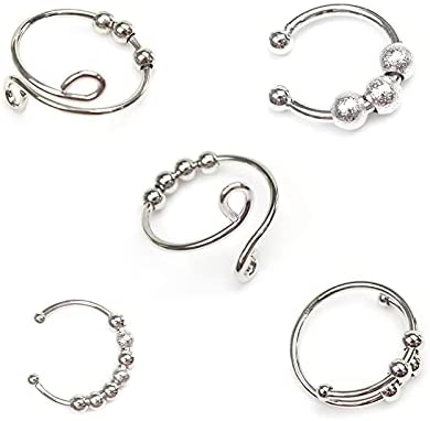 5 Pack Silver Wearable Fidget Rings for Anxiety, One Size Fits All, Different Designs, Anxiety Rings, Fidget Ring, Anti Anxiety Jewelry (5 Pack Silver)